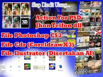 Burningkan Action Photoshop, Jhon telfon, Logo, Baground, Brosur, ID Card, Vector Desain dengan Psd, Cdr, serta Format Ilustrator ke 5 DVD. 